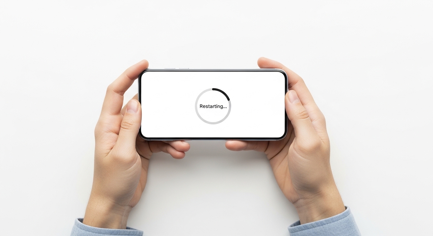 Hands holding smartphone showing restarting screen