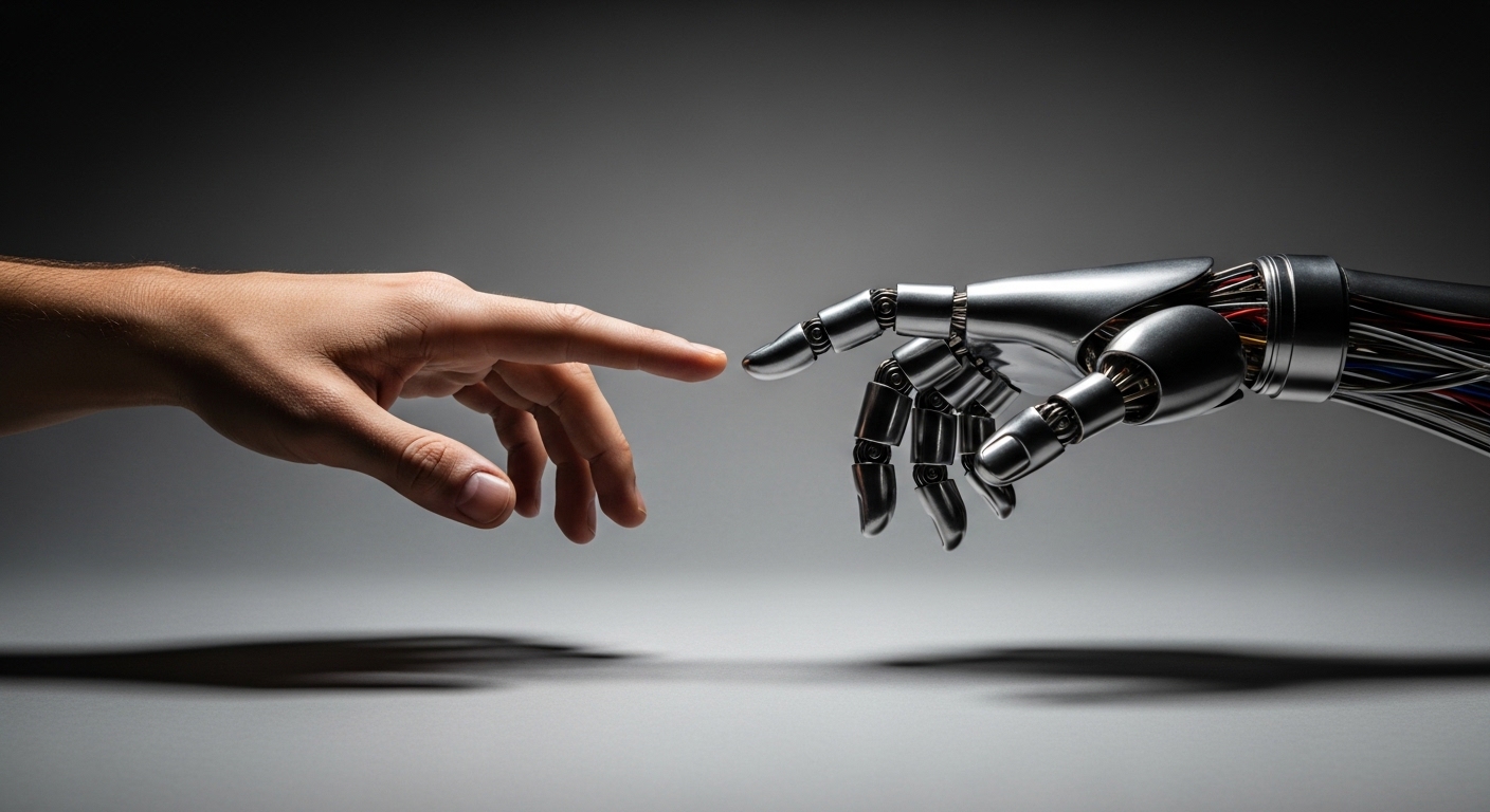 Menschliche Hand und Roboterhand reichen sich entgegen