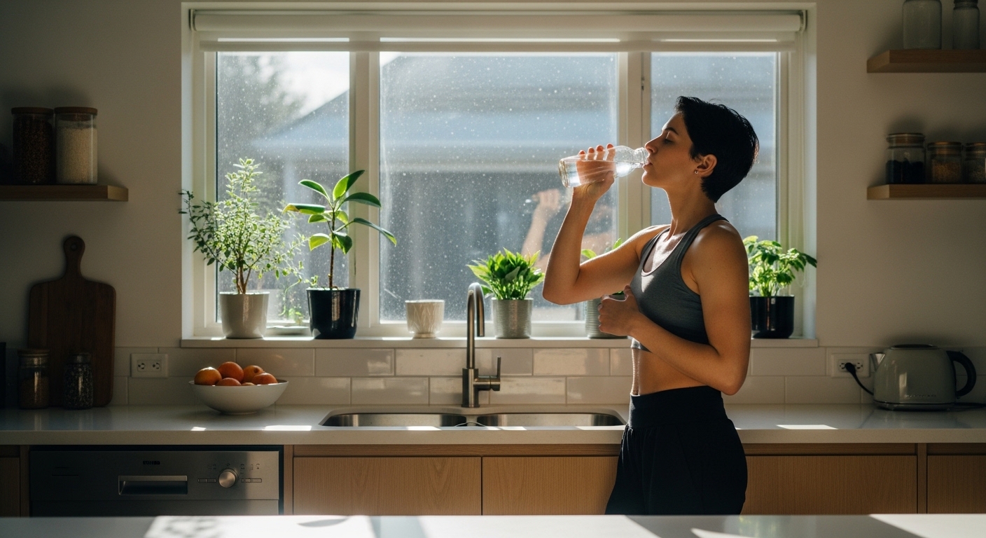 Person drinking water after a micro-workout at home