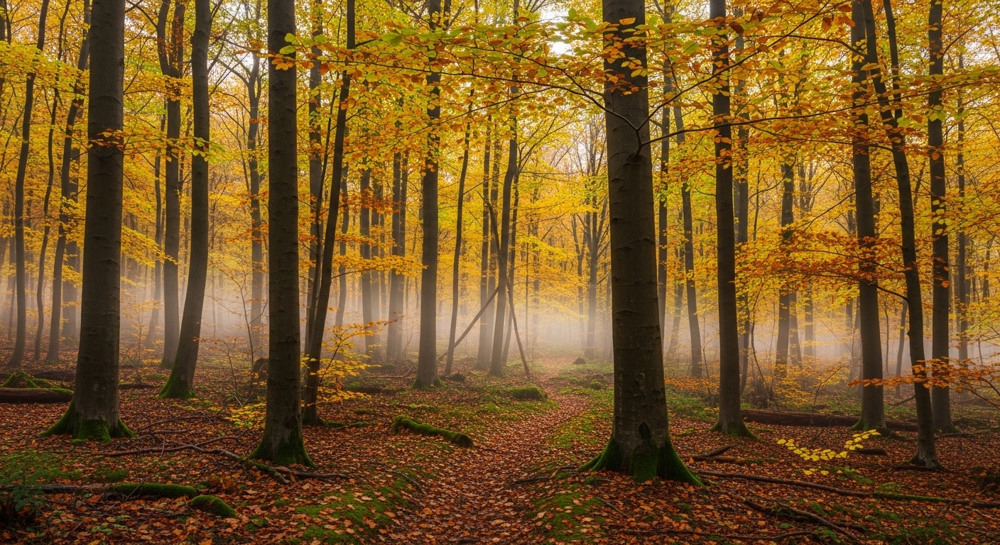 Bosque europeo del Pleistoceno tardío con niebla matinal
