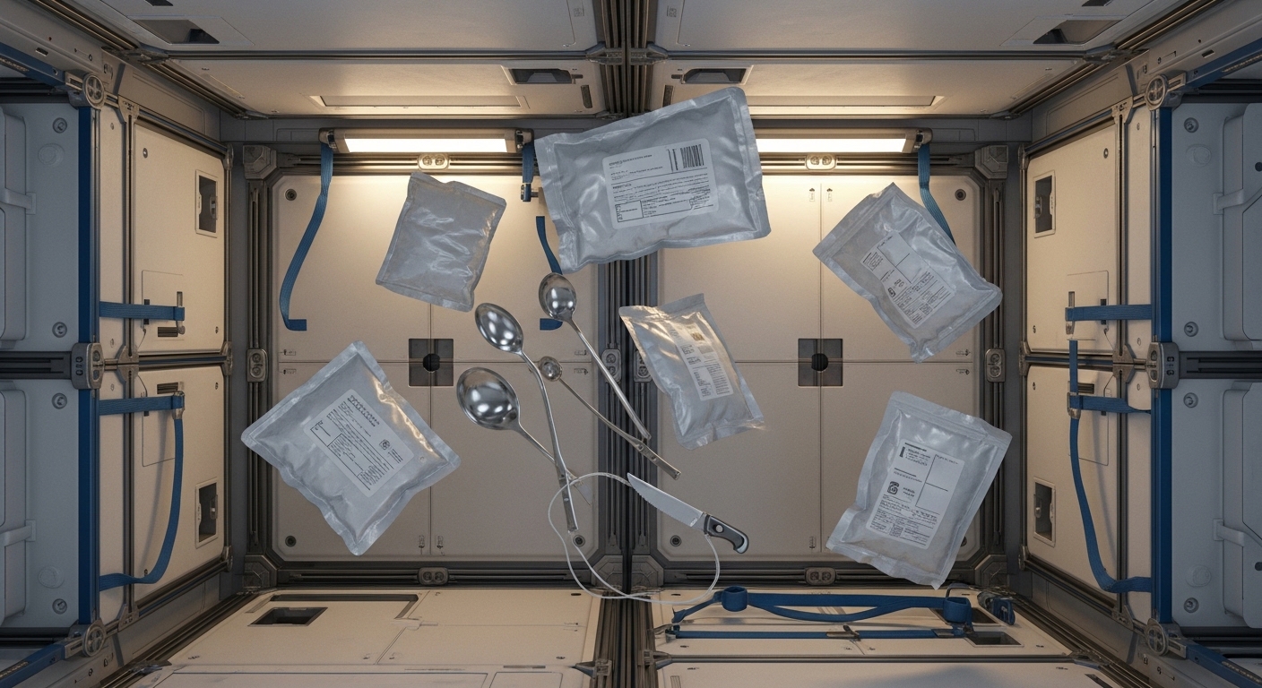 Floating food pouches in spacecraft kitchen overhead view