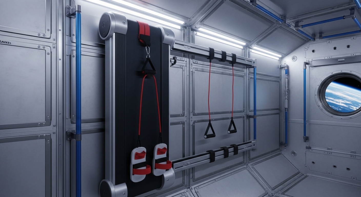 Exercise equipment mounted on spacecraft wall