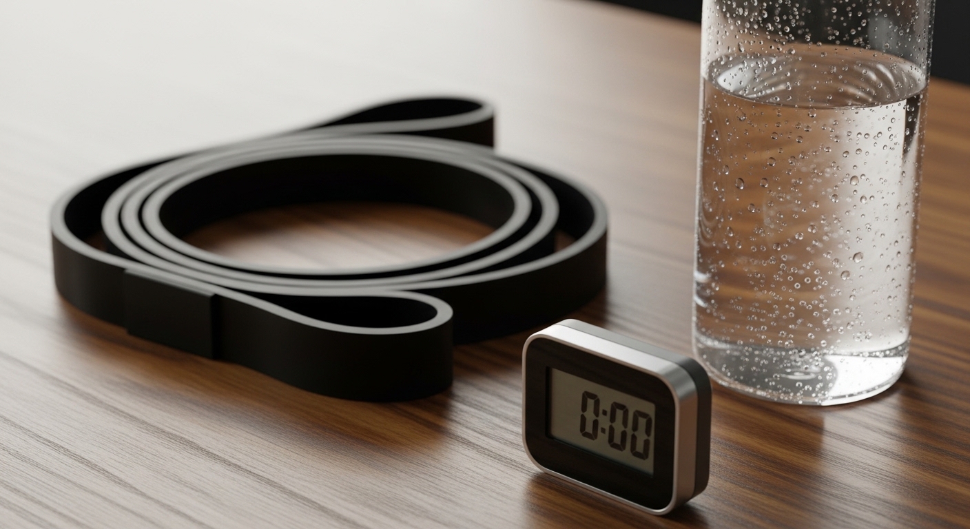 Resistance band, timer, and water bottle on desk