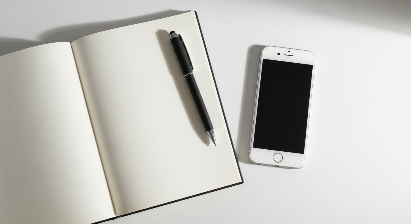 Overhead view of notebook and phone on desk