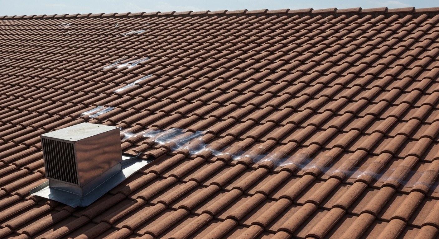 Tejado de tejas bajo el sol de verano con ventilación