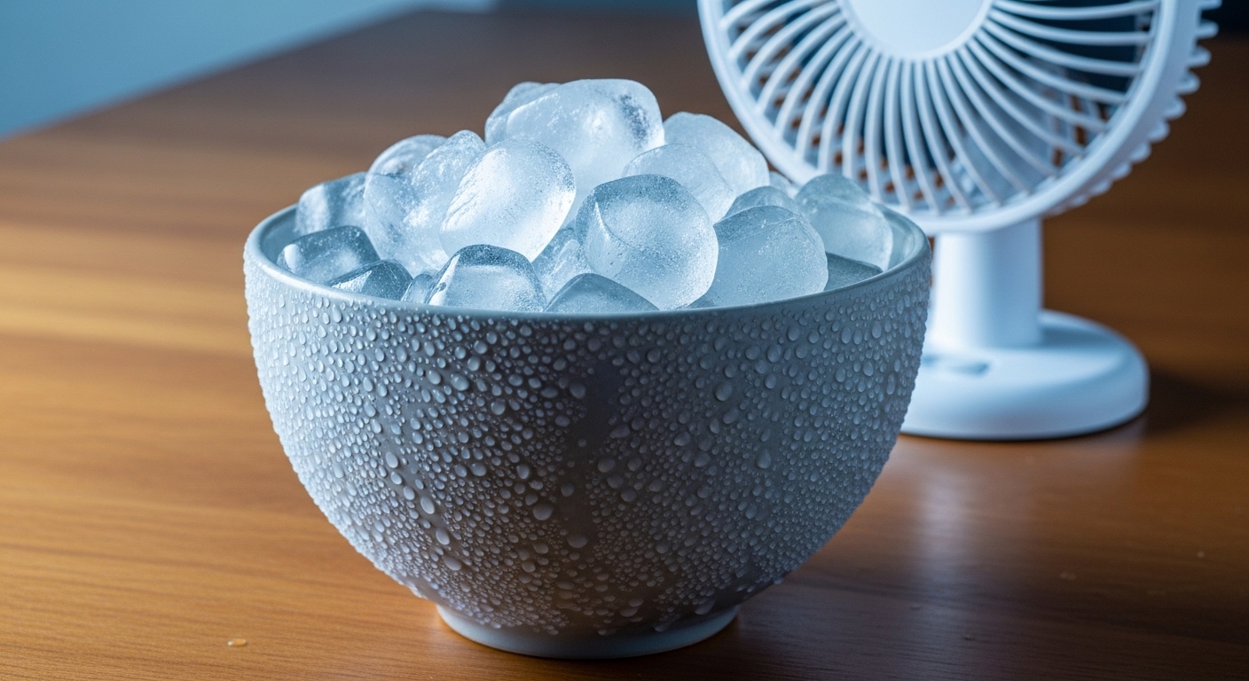 Cuenco de hielo frente a ventilador de mesa