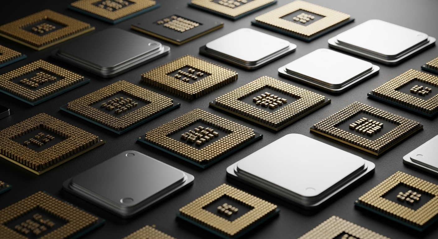 Various processor chips arranged overhead on dark surface