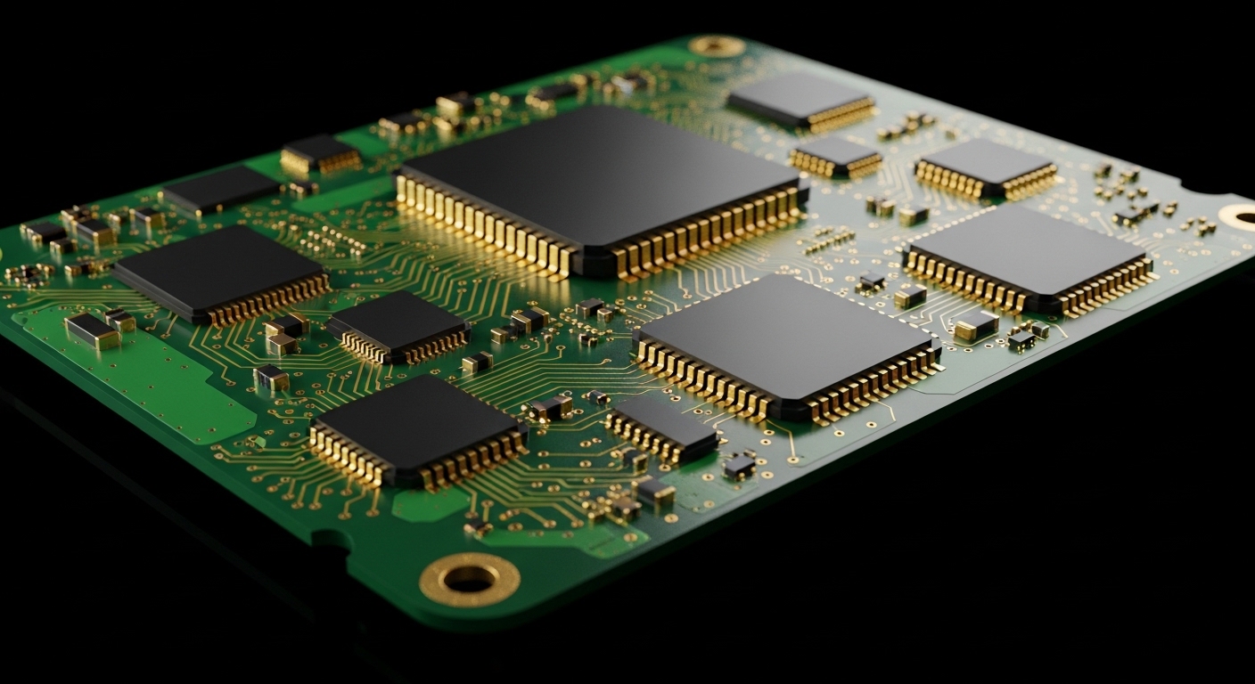 Chipset smartphone pada papan sirkuit, foto makro