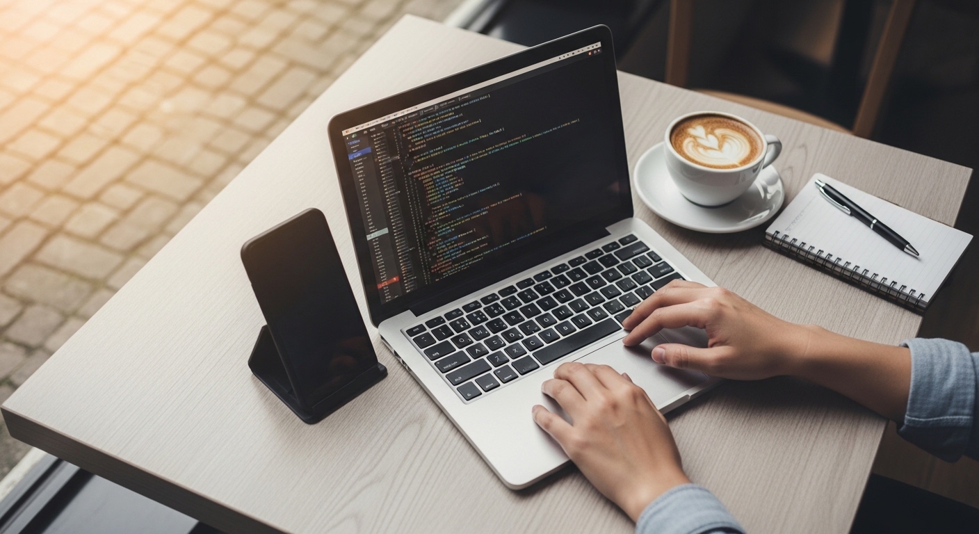 Profesional bekerja dengan smartphone dan laptop di kafe