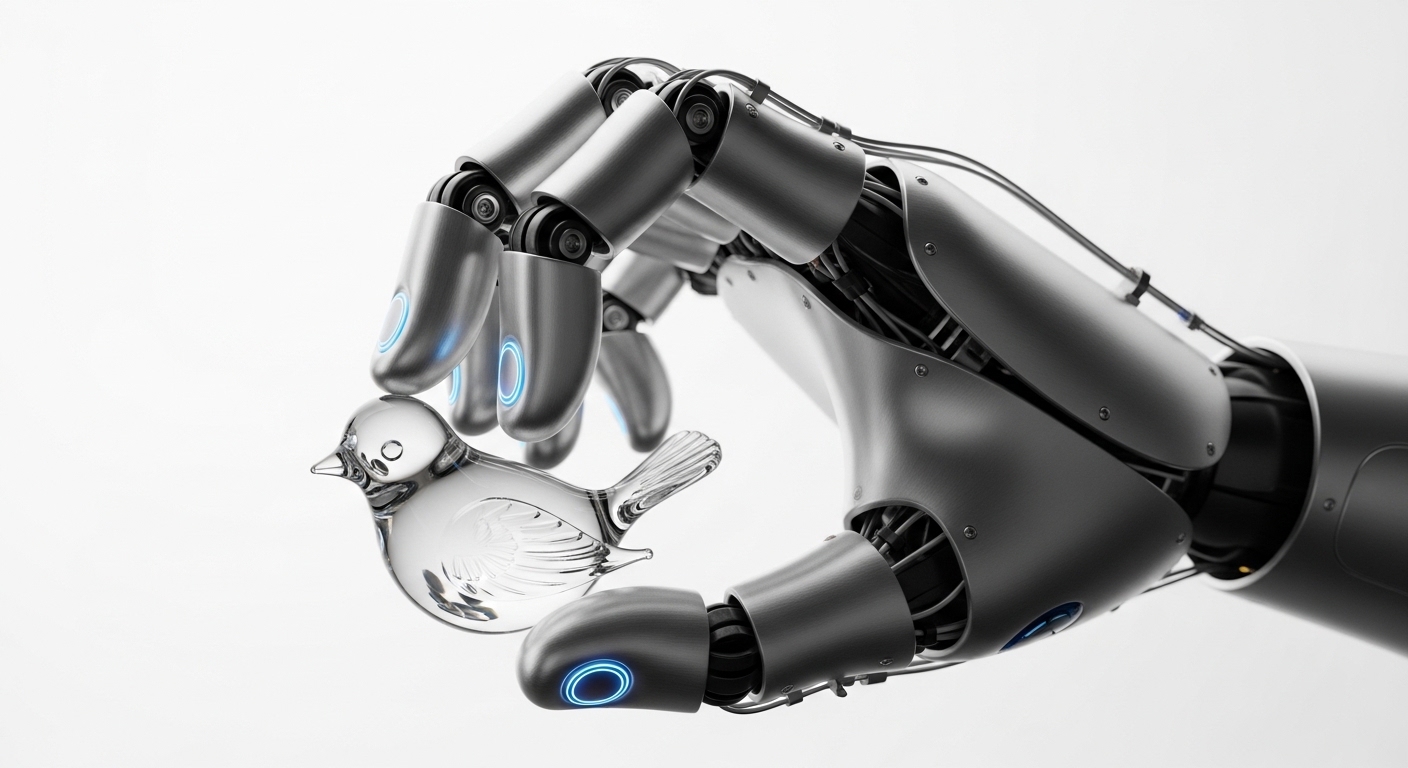 Close-up of humanoid robot hand gripping glass