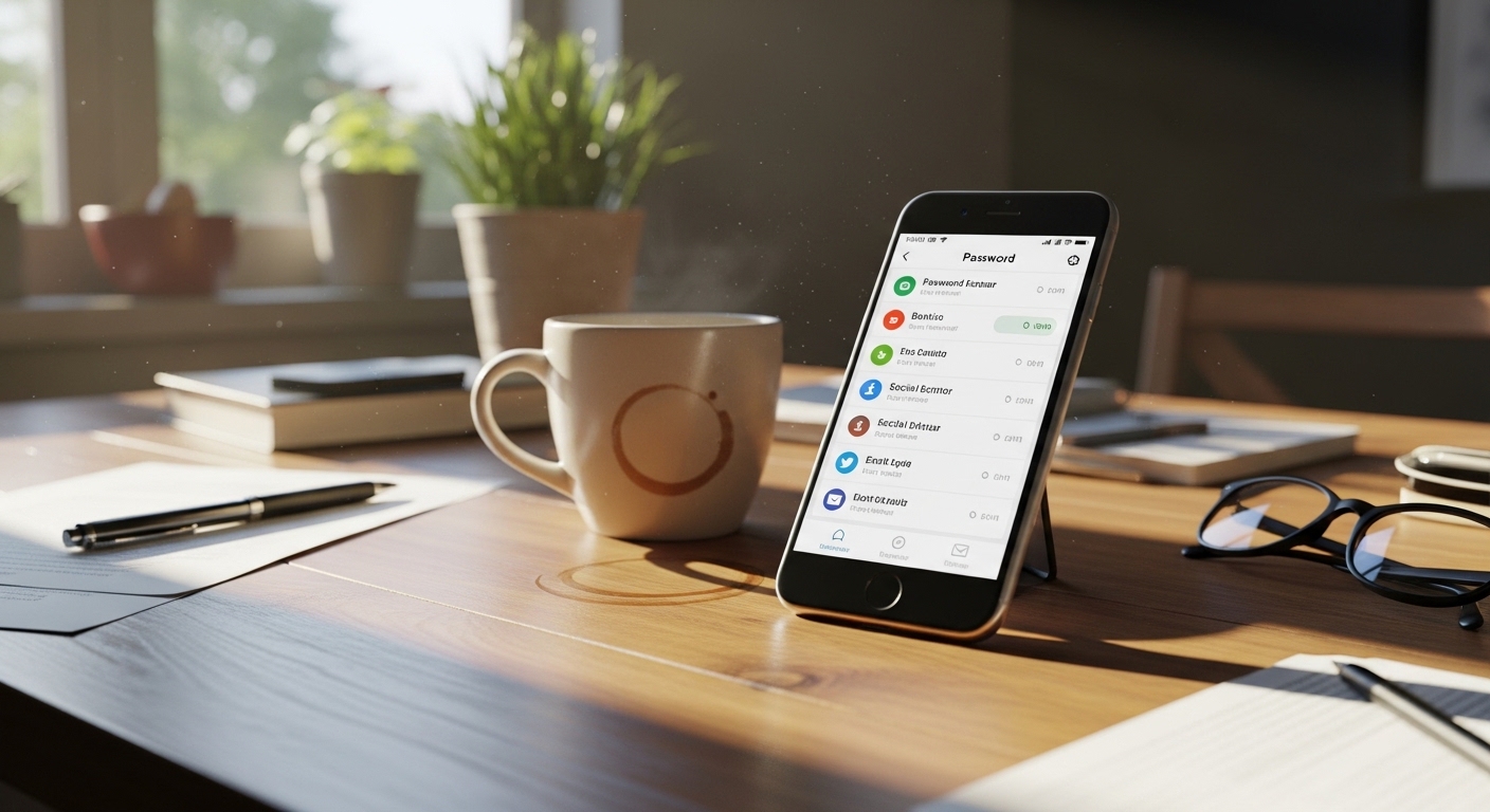Smartphone with password manager app on desk