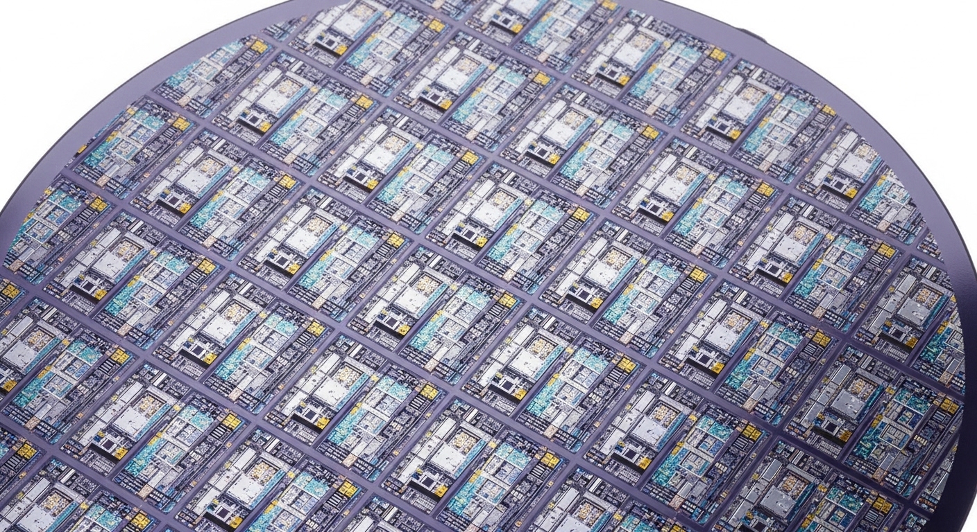 Silicon wafer with chip patterns under lab light