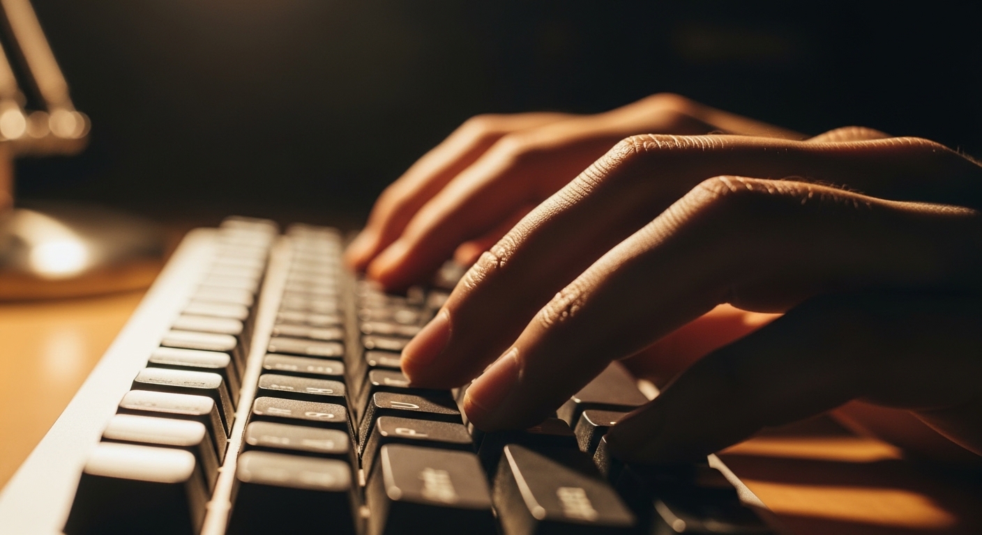 Close-up of hands typing on keyboard