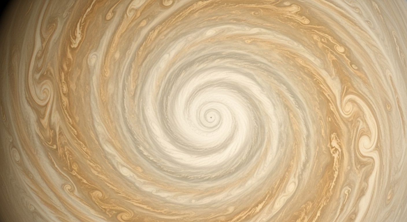 Overhead view of swirling gas giant atmosphere