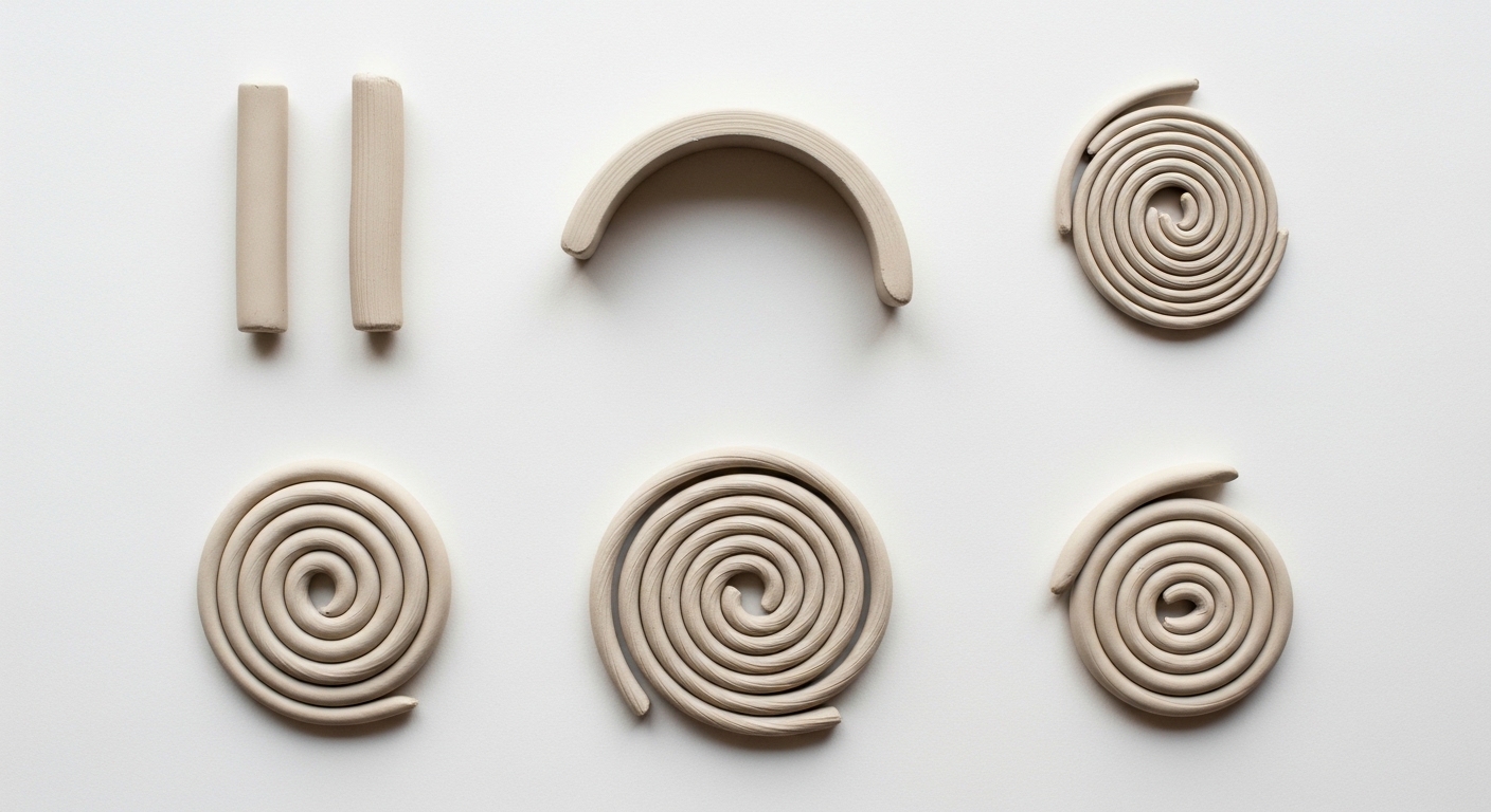 Overhead view of clay coils in varying spiral shapes