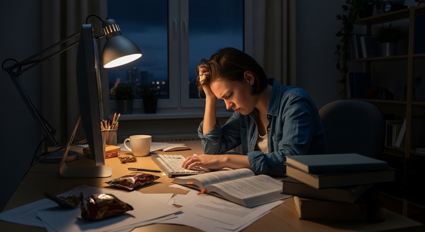 Tired person at computer late at night