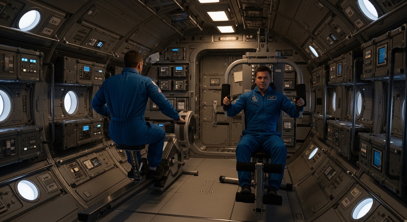 Astronautas ejercitándose en nave espacial durante viaje a Marte