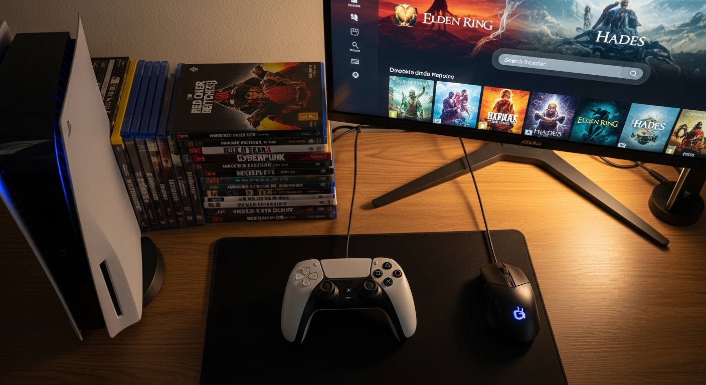 Overhead view of mixed digital and physical gaming setup
