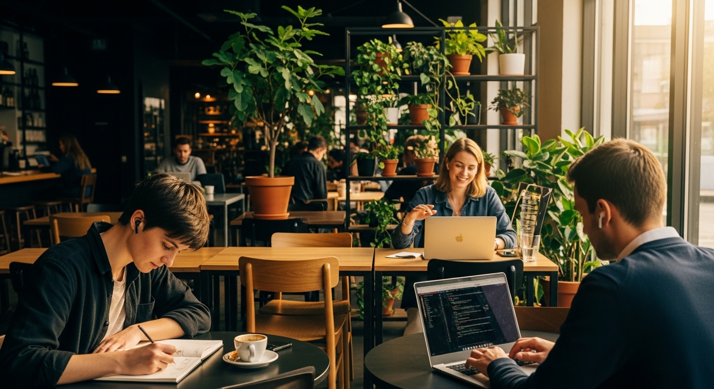 People working in a co-working café environment