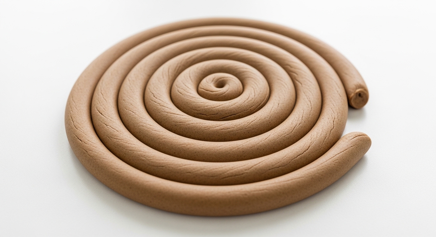 Close-up of a spiral-shaped clay coil on white surface