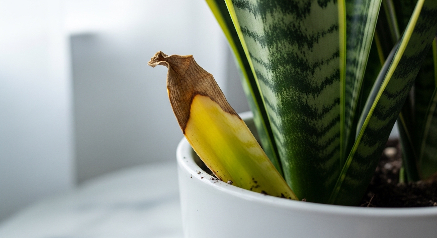 Snake plant leaf showing brown tip and yellowing damage detail