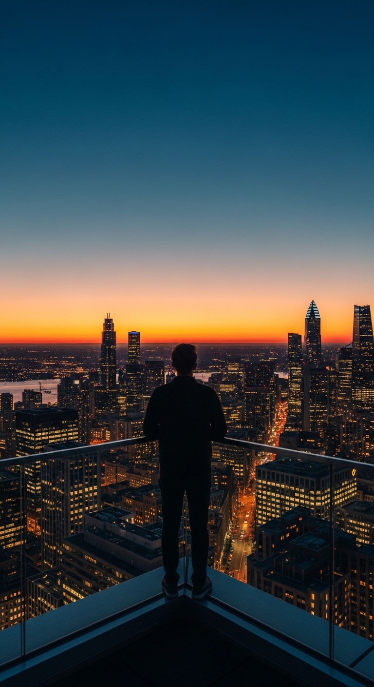 Person overlooking city skyline at dusk