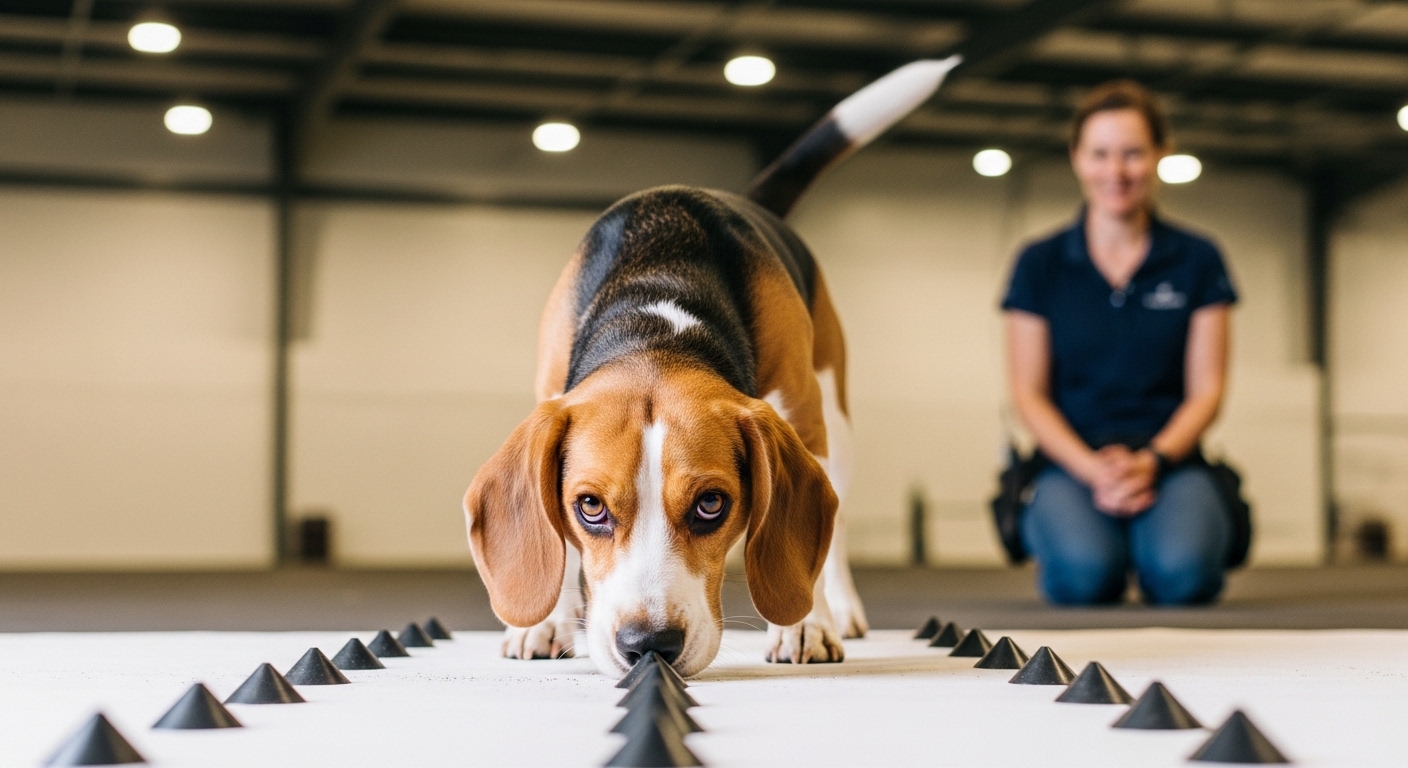 beagle focused on scent trail during indoor nose work training