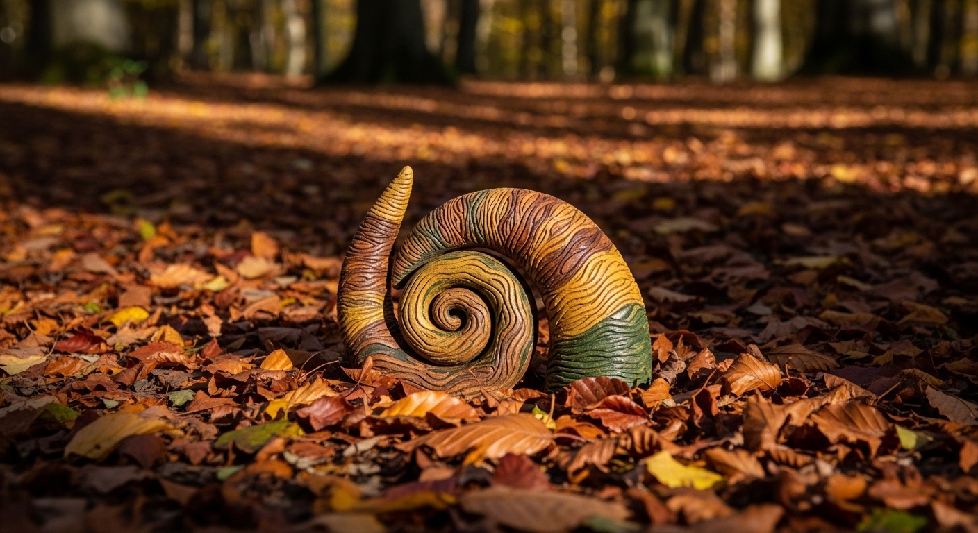 Forest floor with abstract coiled shape among leaves
