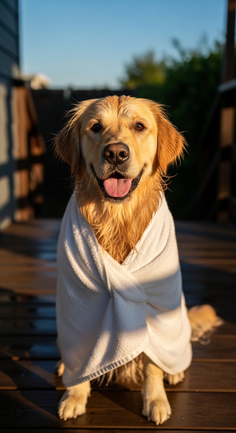 wet dog wrapped in towel sitting on deck after bath