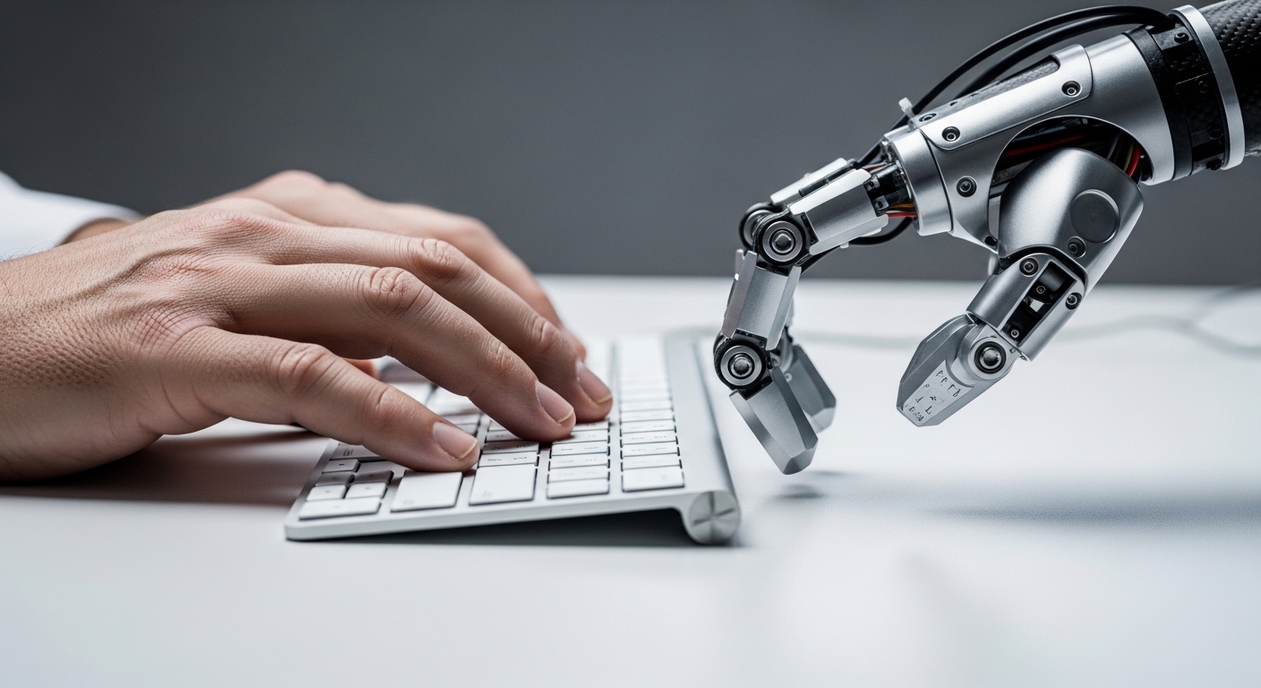 Human hand and robotic arm over keyboard