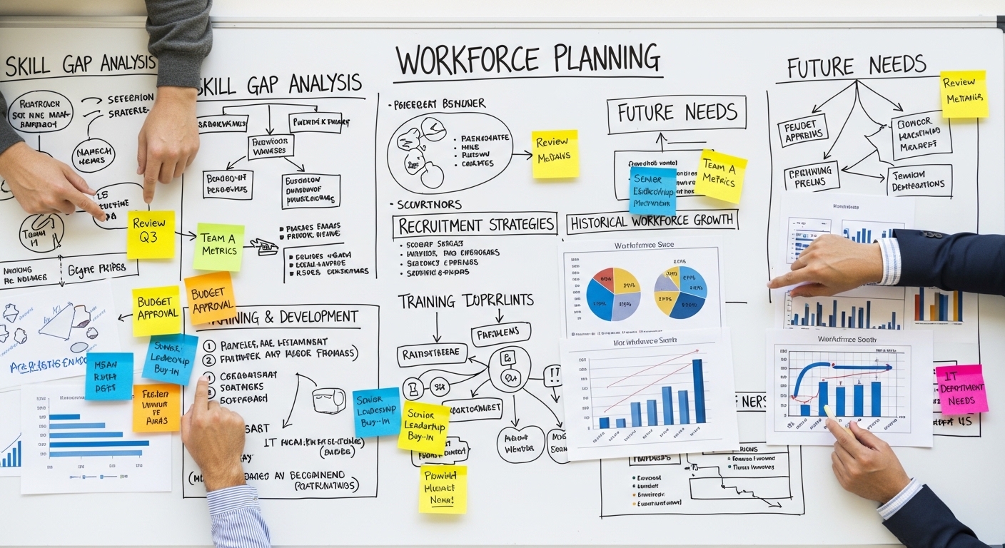 Overhead view of workforce planning whiteboard