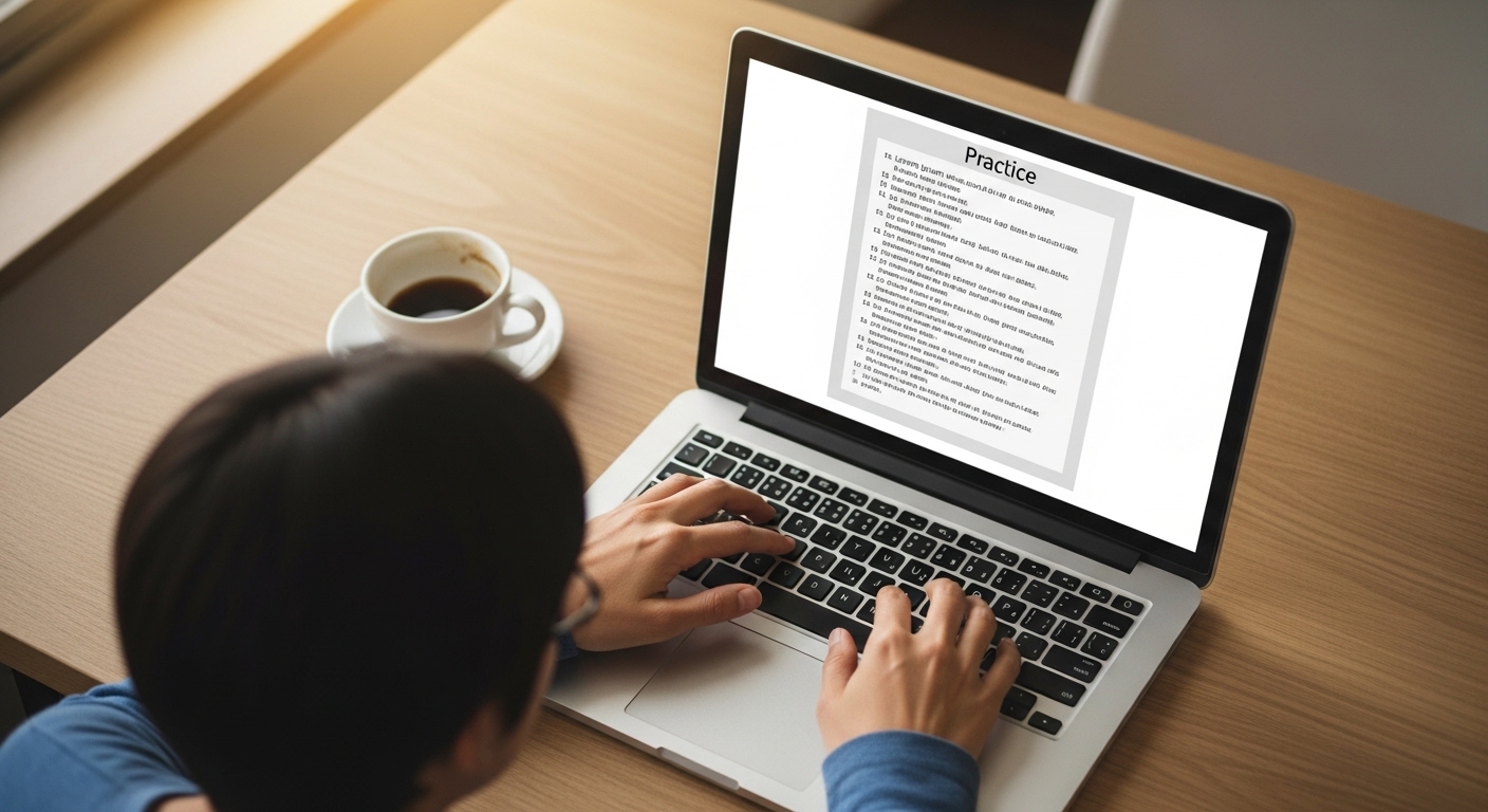 Person typing practice text on laptop overhead view