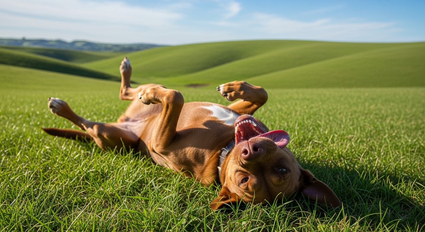 brown dog rolling happily on its back in a grassy field