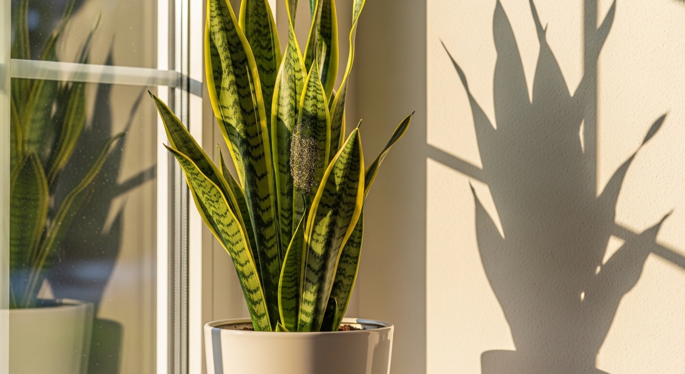 Tall snake plant near east-facing window in morning light
