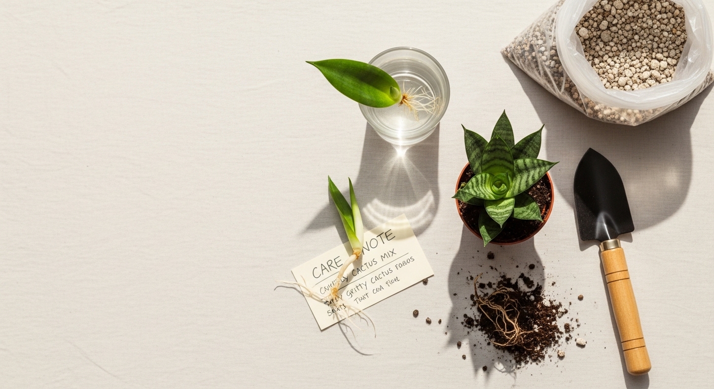 Snake plant care essentials flat lay with cuttings and soil