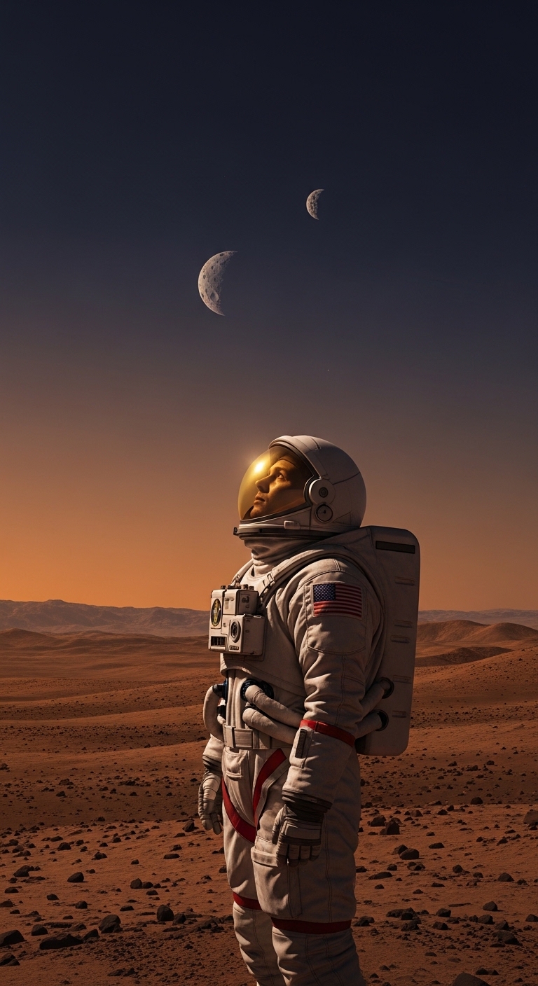 Astronauta solitario en Marte mirando el cielo al atardecer
