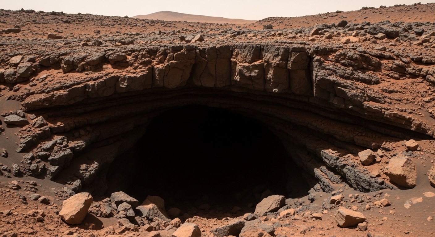 Entrada a un tubo de lava volcánica en Marte