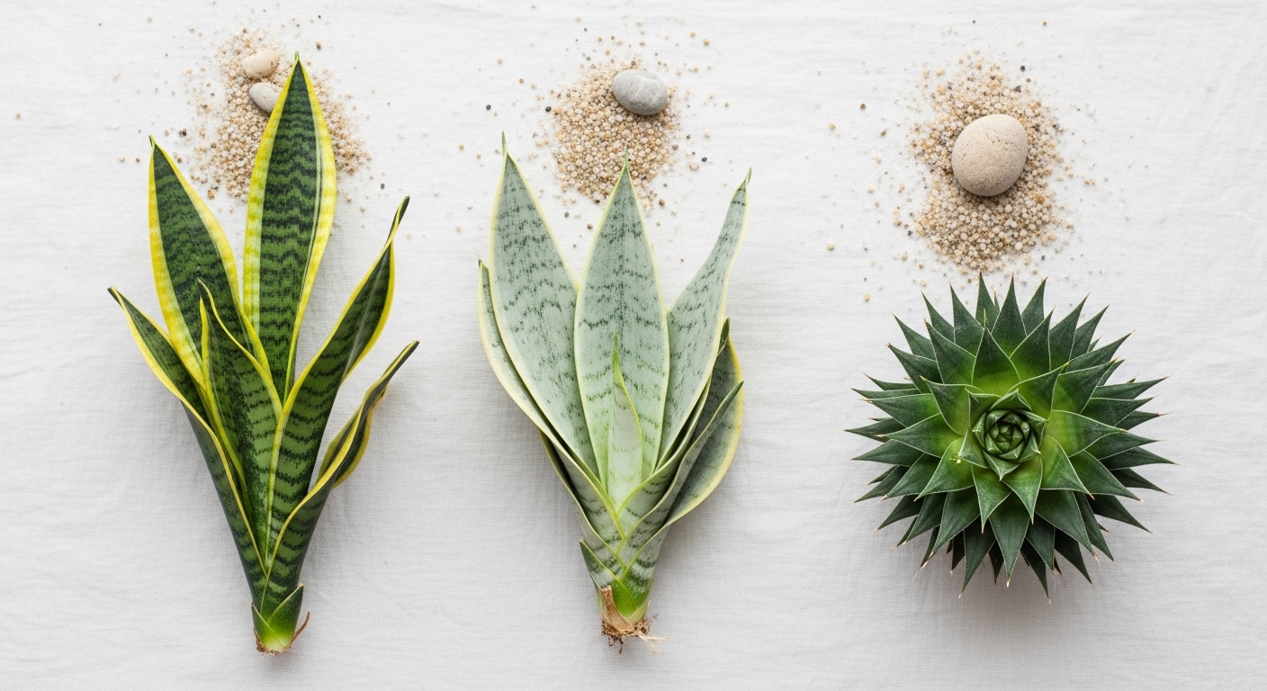 Three snake plant cultivars displayed flat lay on white linen