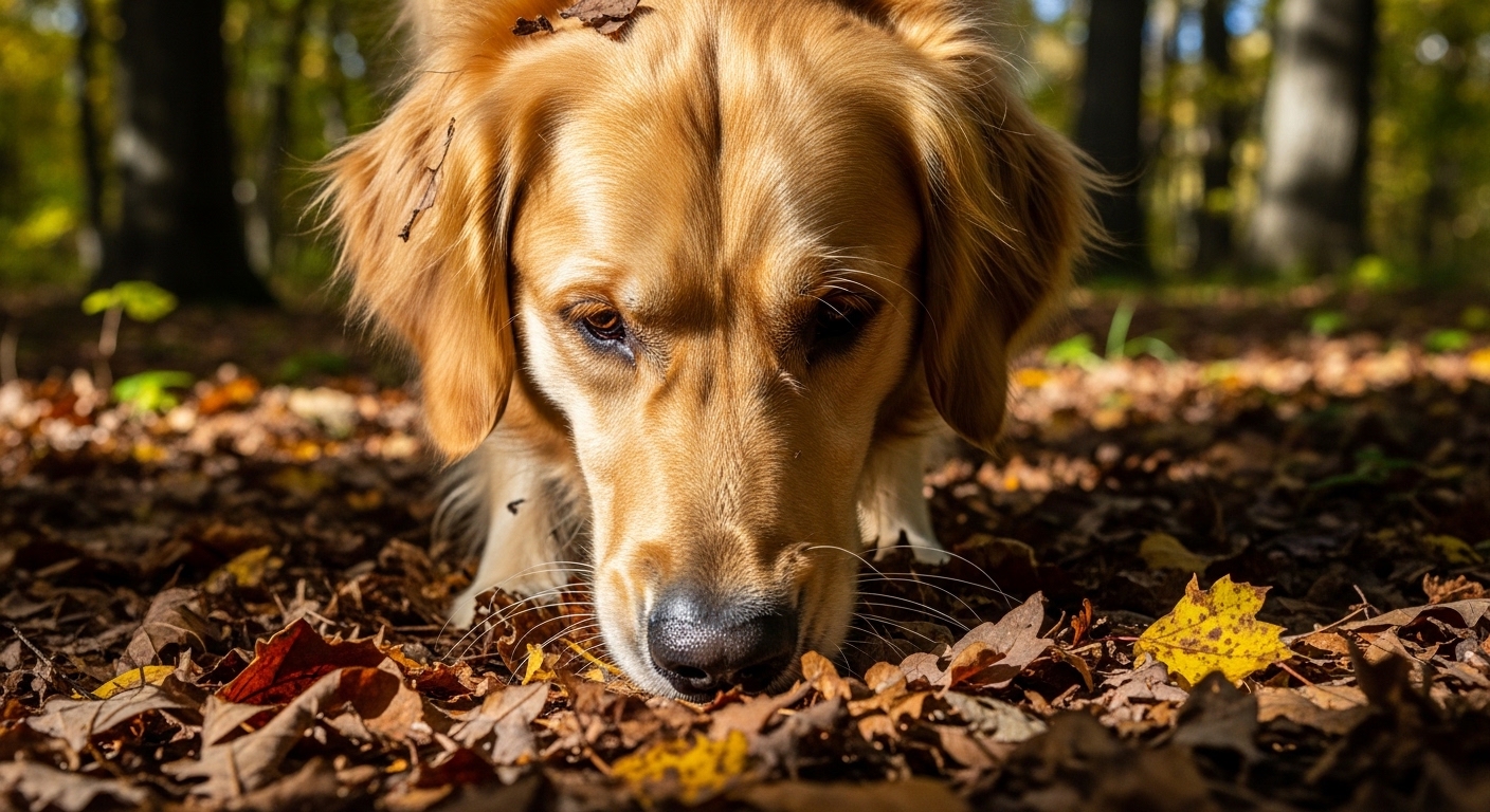 golden retriever sniffing leaf litter intently in a forest