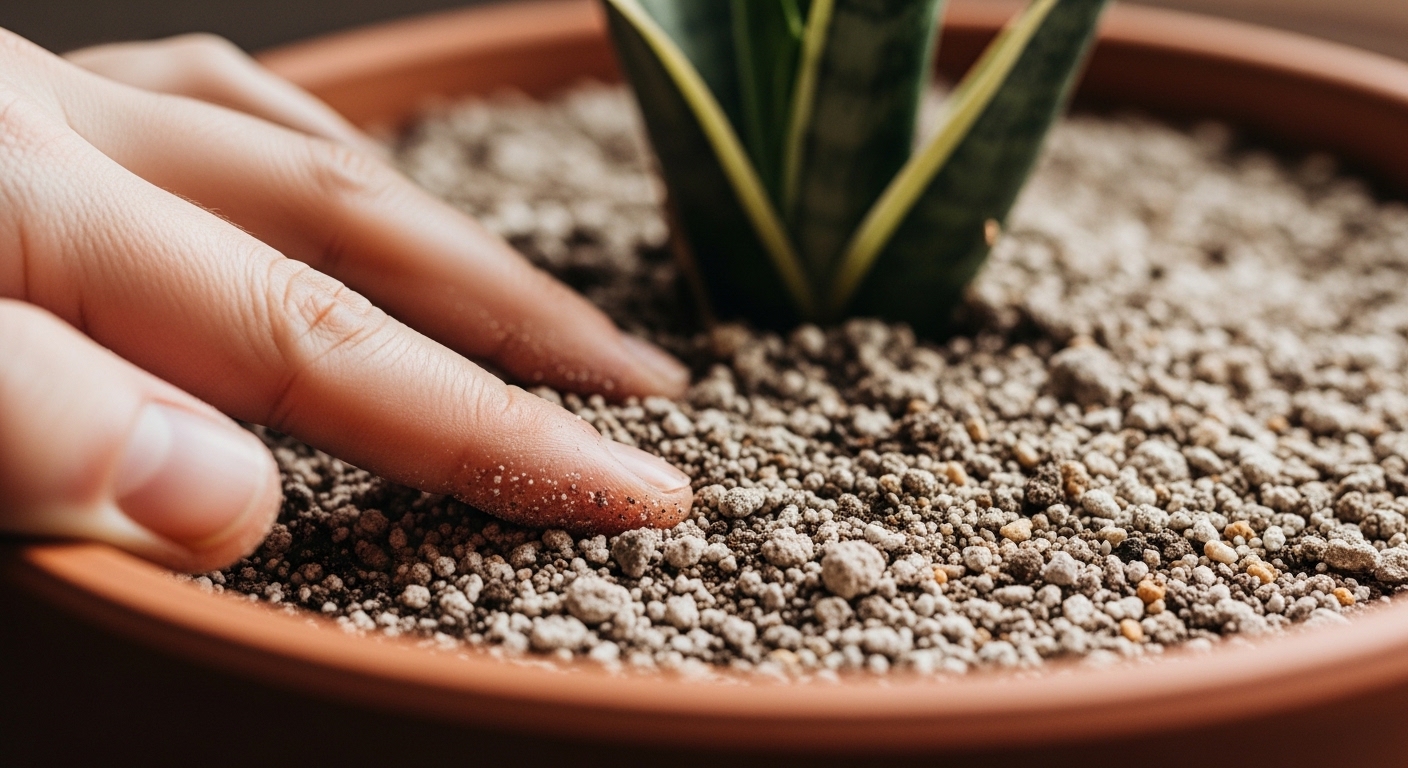 Hand checking soil dryness in snake plant terracotta pot