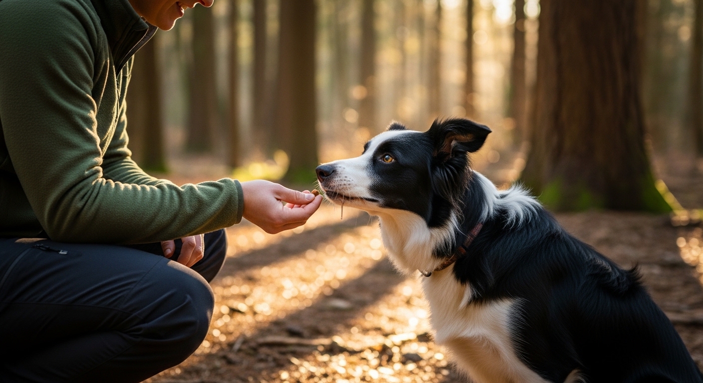 owner rewarding border collie with treat on a forest trail