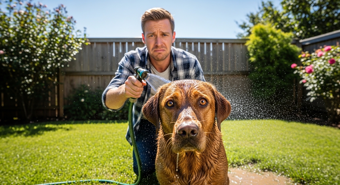 owner hosing down muddy labrador retriever in backyard