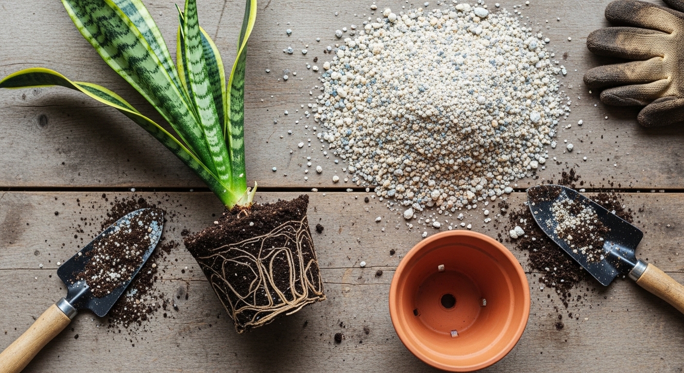 Snake plant repotting flat lay with soil mix and terracotta pot