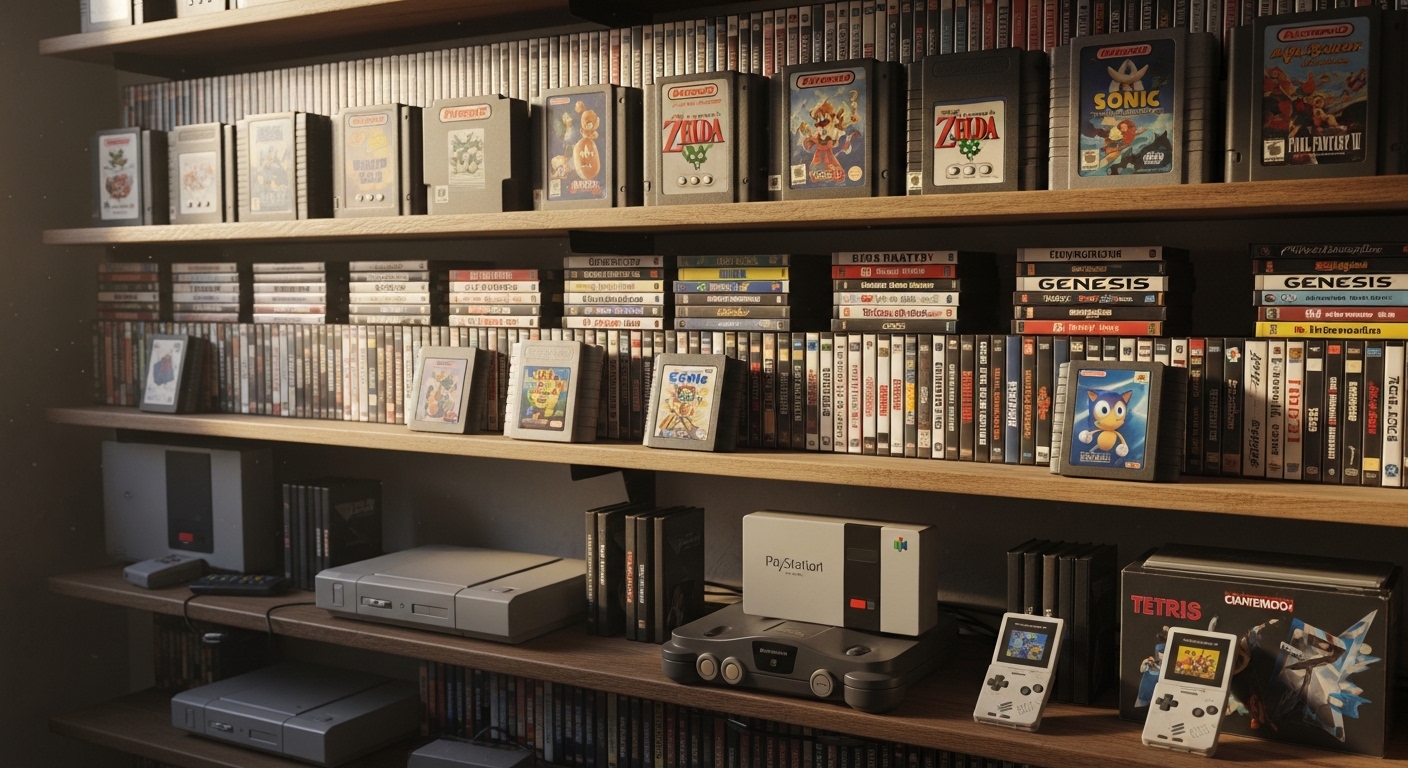 Vintage physical game collection on wooden shelves