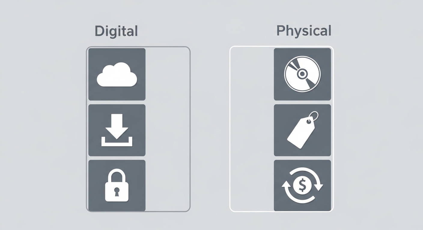 Digital versus physical games feature comparison diagram