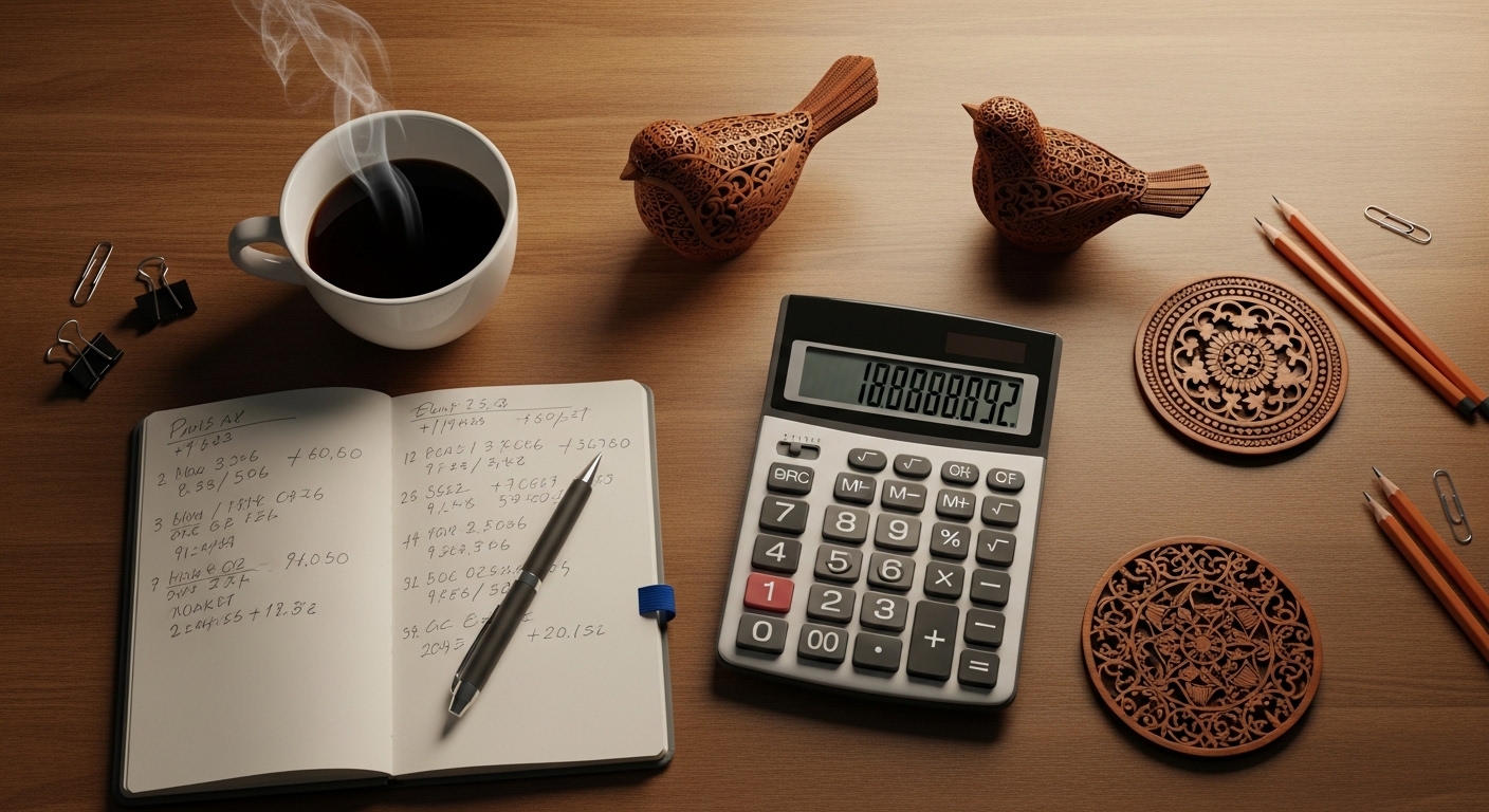 Small business desk with calculator, notebook, and craft samples