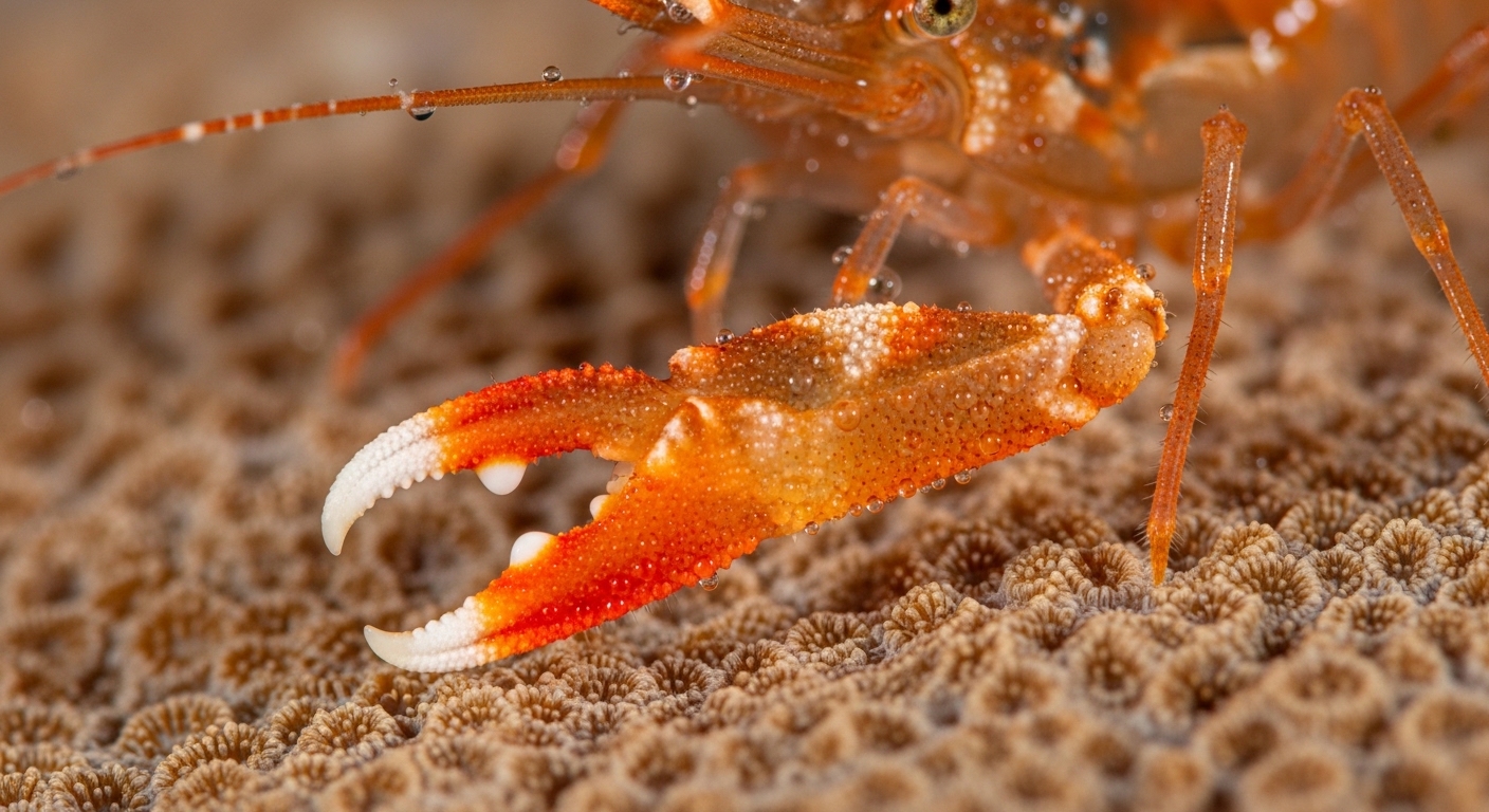 Gros plan d'une crevette pistolet sur corail