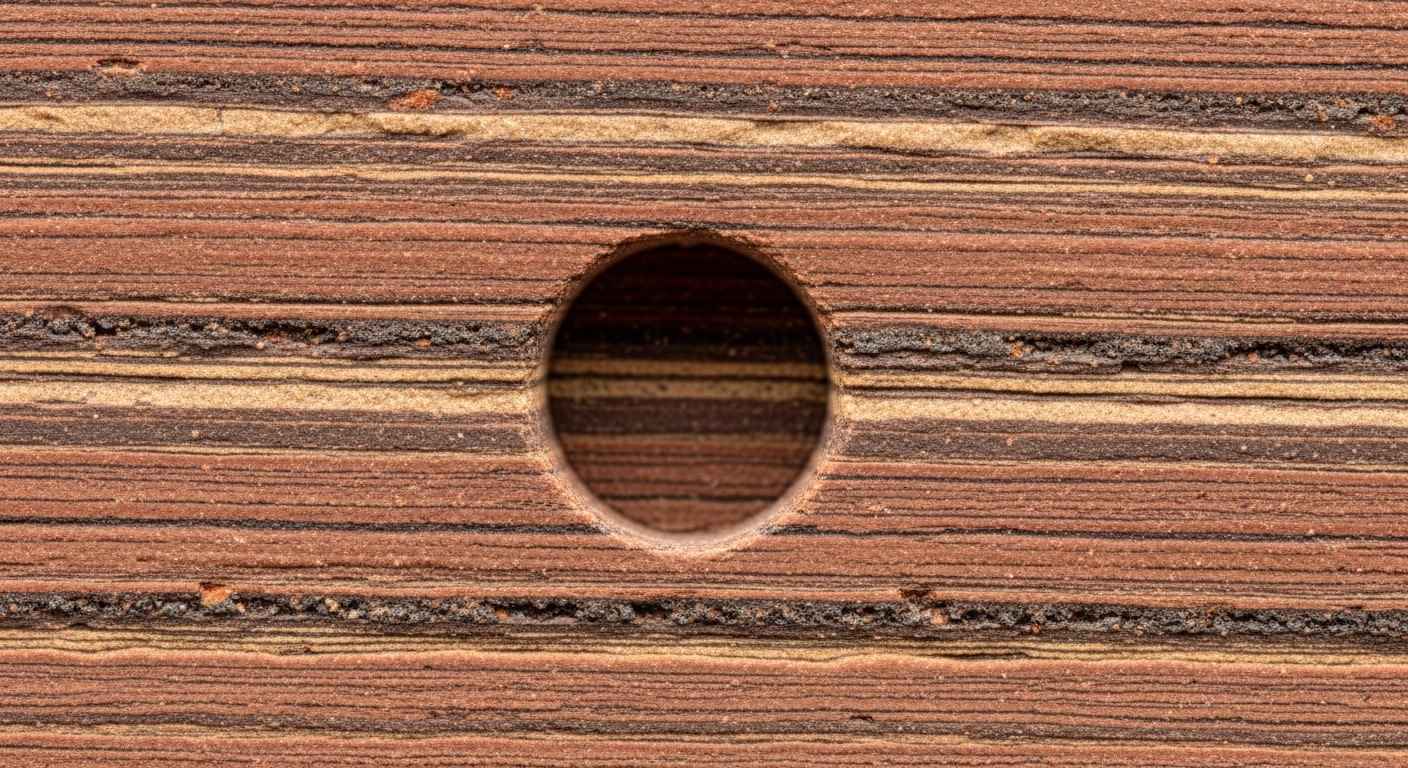 Layered Martian mudstone with drill sample hole