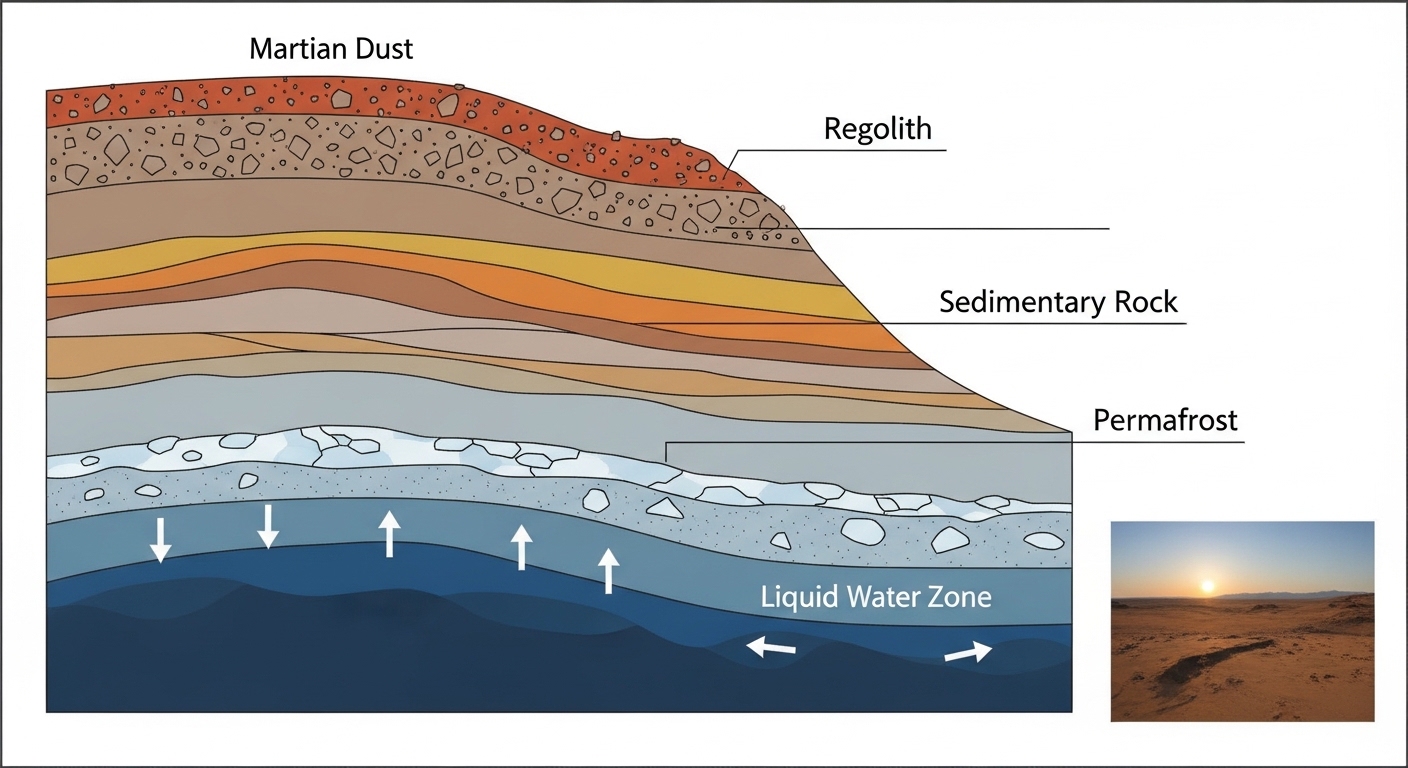 Cross-section diagram of Martian subsurface layers