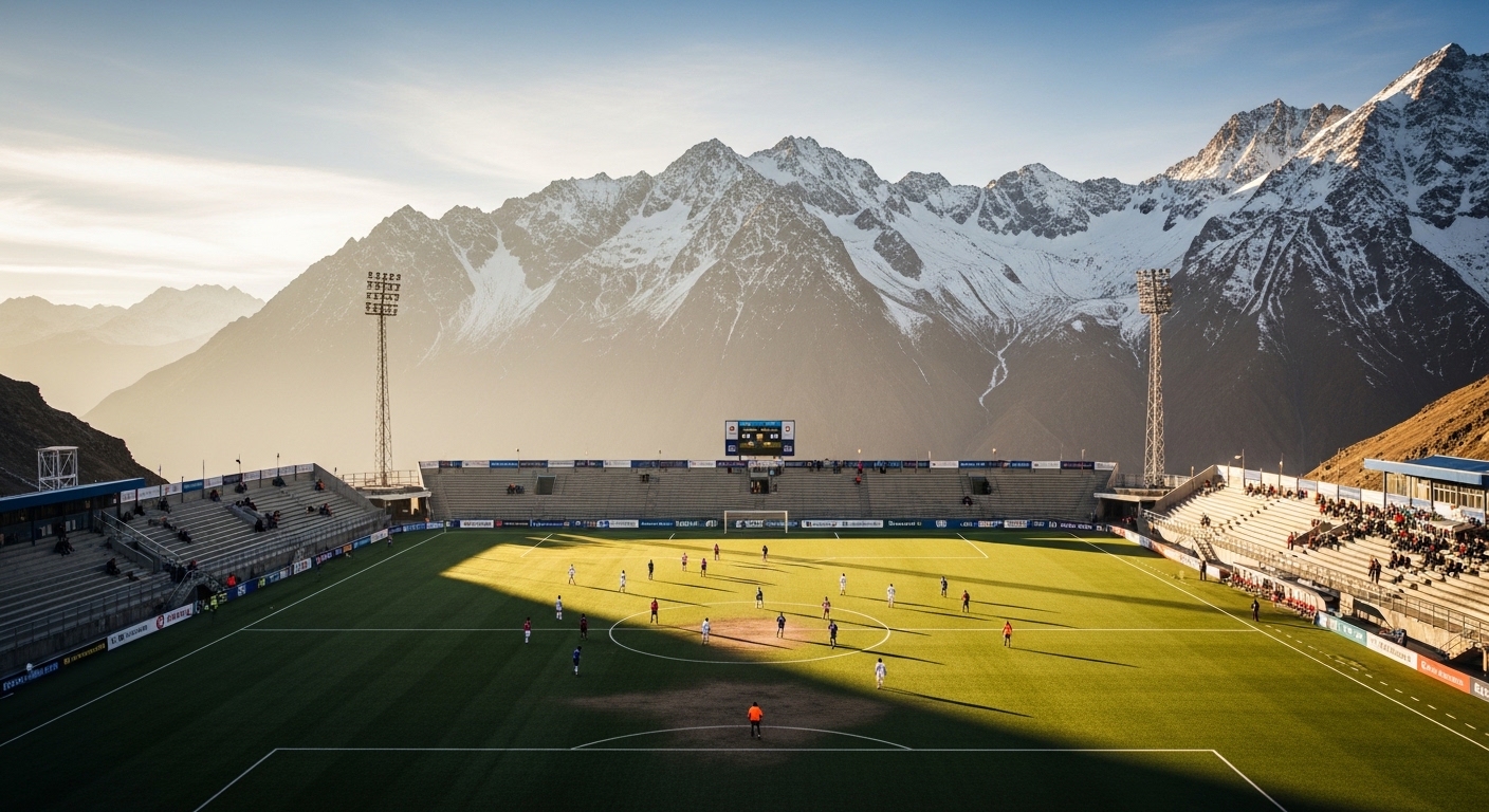 Fußballspiel in einem Hochgebirgsstadion mit Bergkulisse